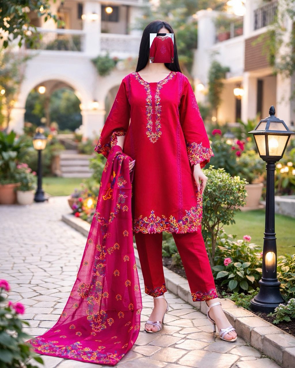 Rose Red – 3 Piece Heavy Embroidered Cotton Suit