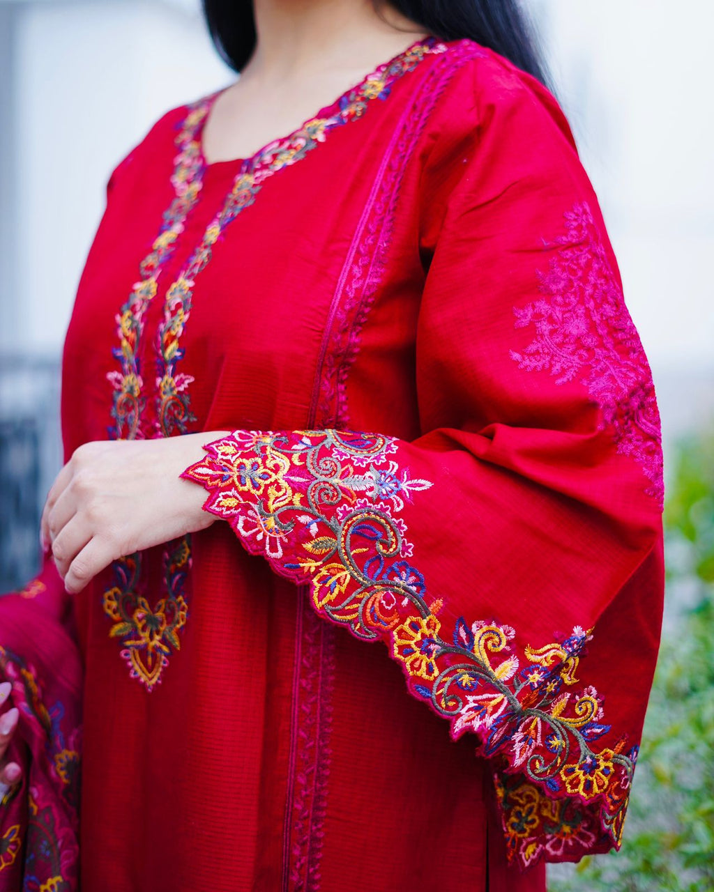 Rose Red – 3 Piece Heavy Embroidered Cotton Suit